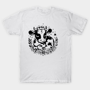 Adorable Sleepy Cow with Stars and Flowers T-Shirt